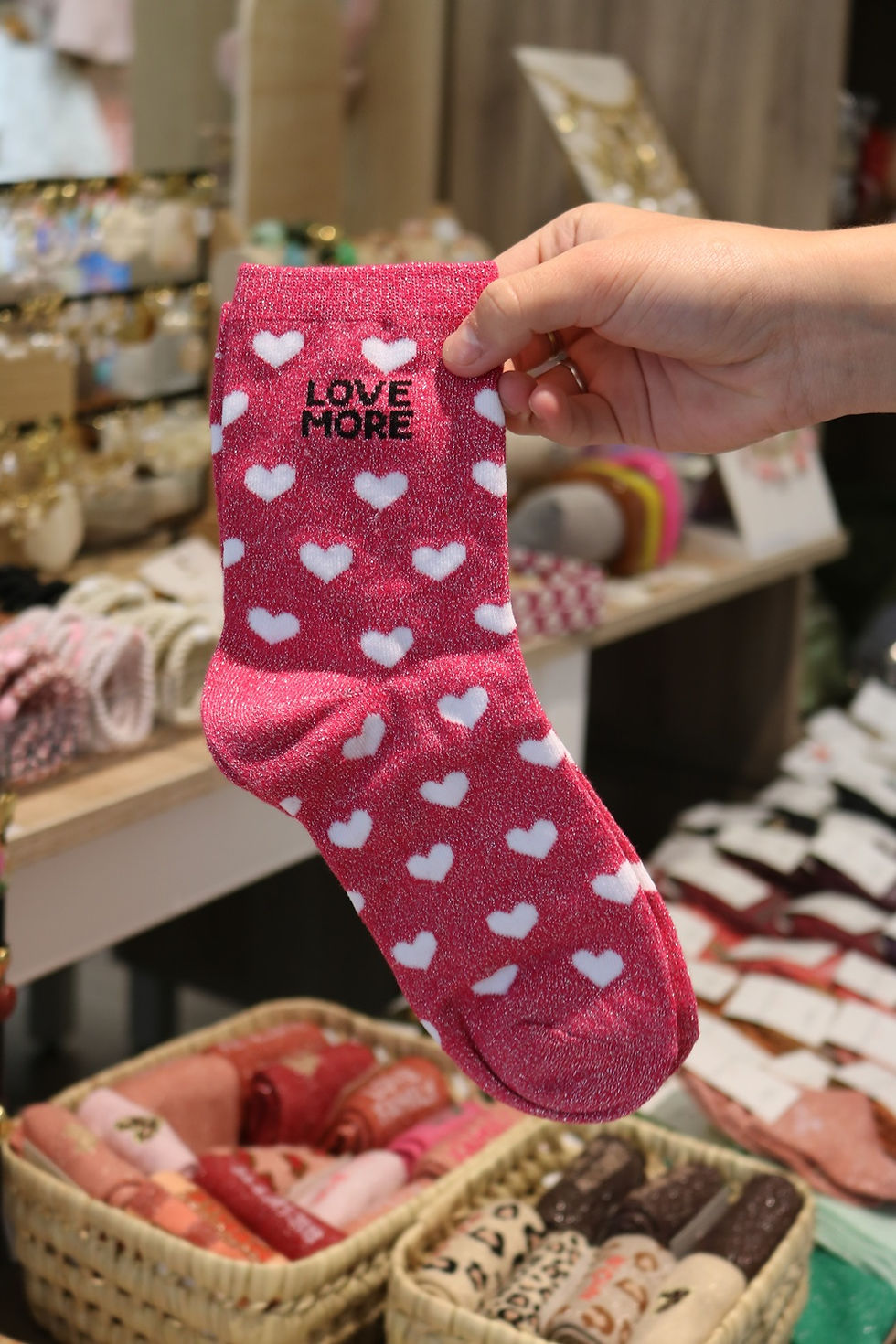 Chaussettes à paillettes originales femme rose foncé cœurs Love more mile mila