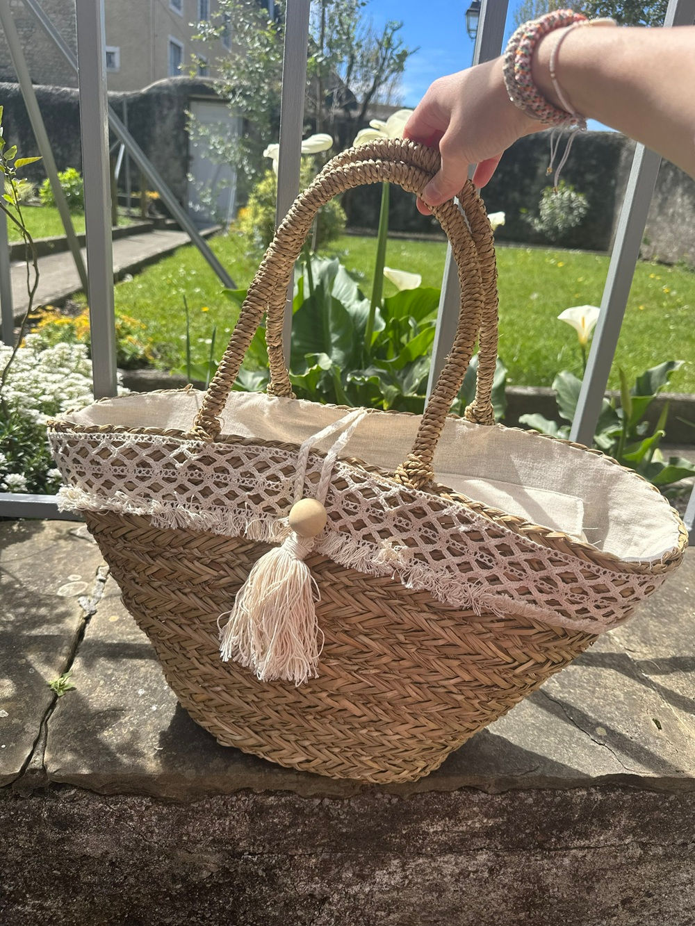 Sac de plage original femme paille et dentelle, Molly