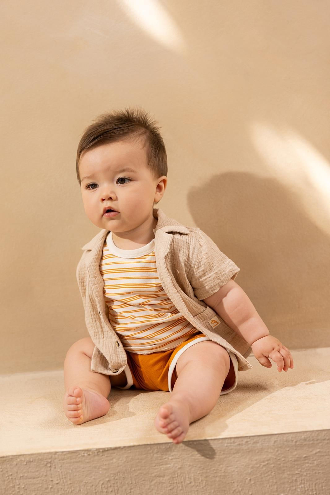 Chemise manches courtes gaze de coton taupe Obonas enfant originale bébé garçon noppies