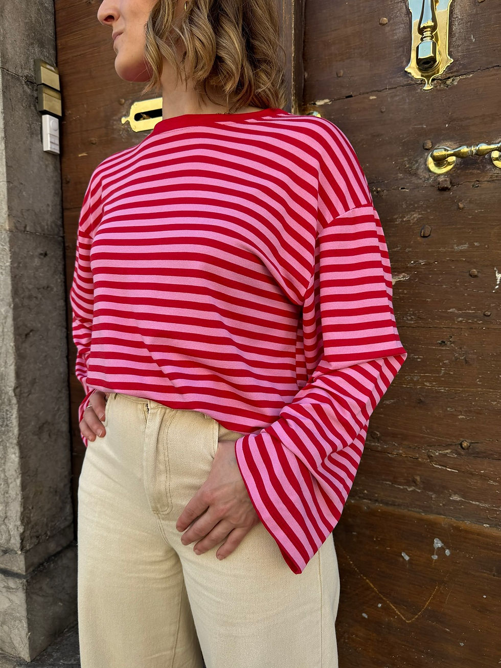 T-shirt original femme manches longues rayé rouge et rose, Manon