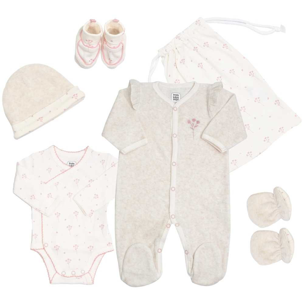 Kit naissance 6 pièces floral rose enfant trois kilos sept
