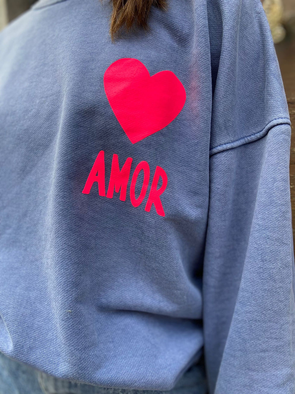 Pull original femme bleu jean amor cœur arty blush