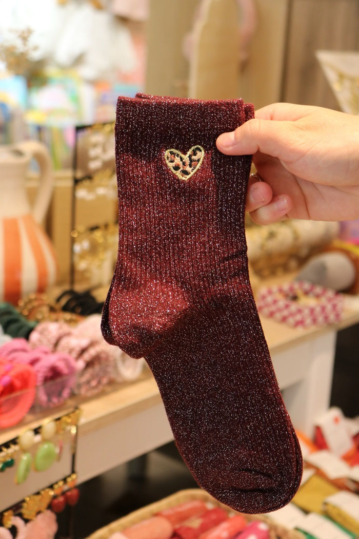 Chaussettes à paillettes originales femme rouge bordeaux cœur léopard mile mila