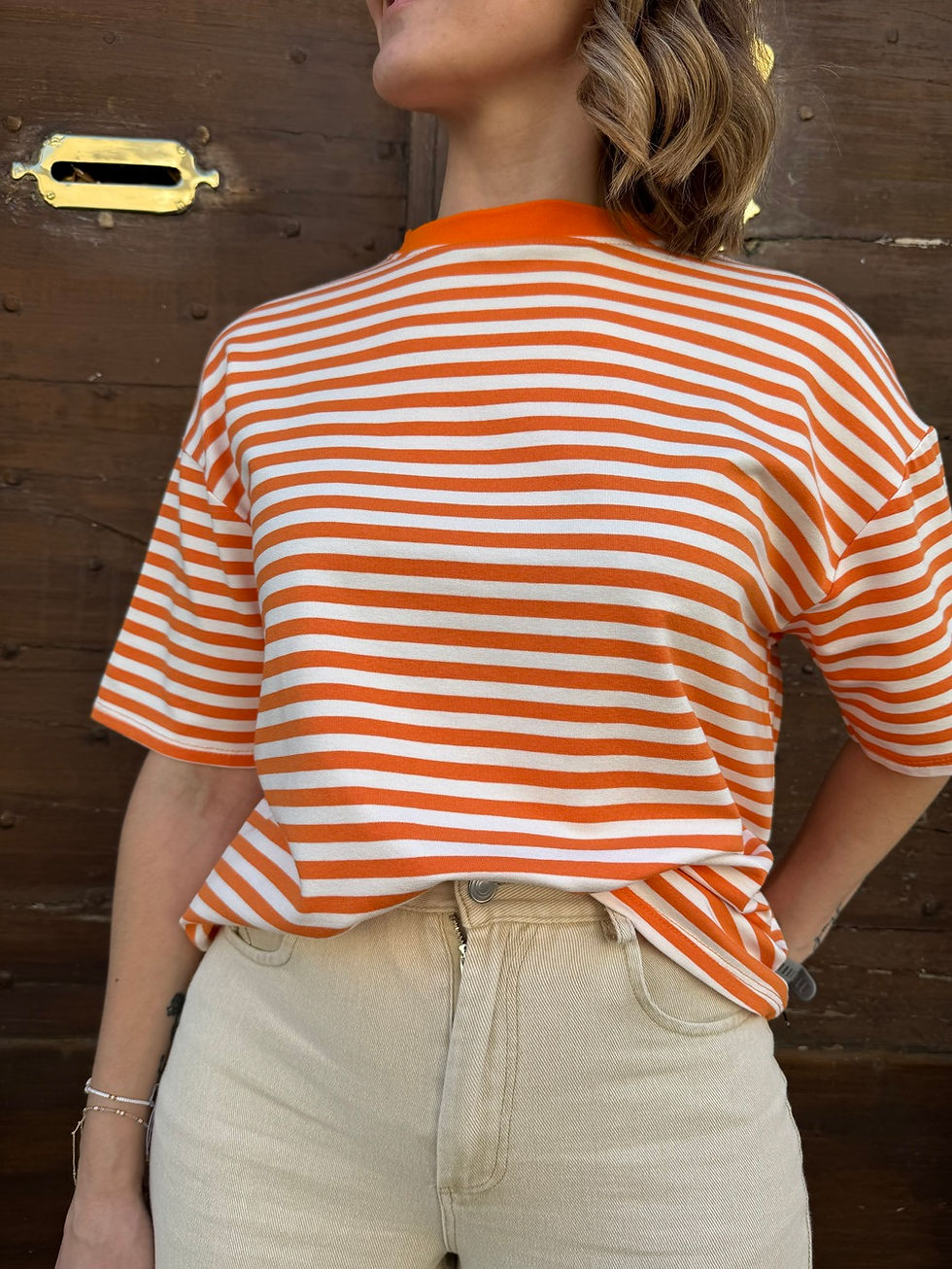 Miniature : T-shirt original femme rayé orange et blanc, Ella