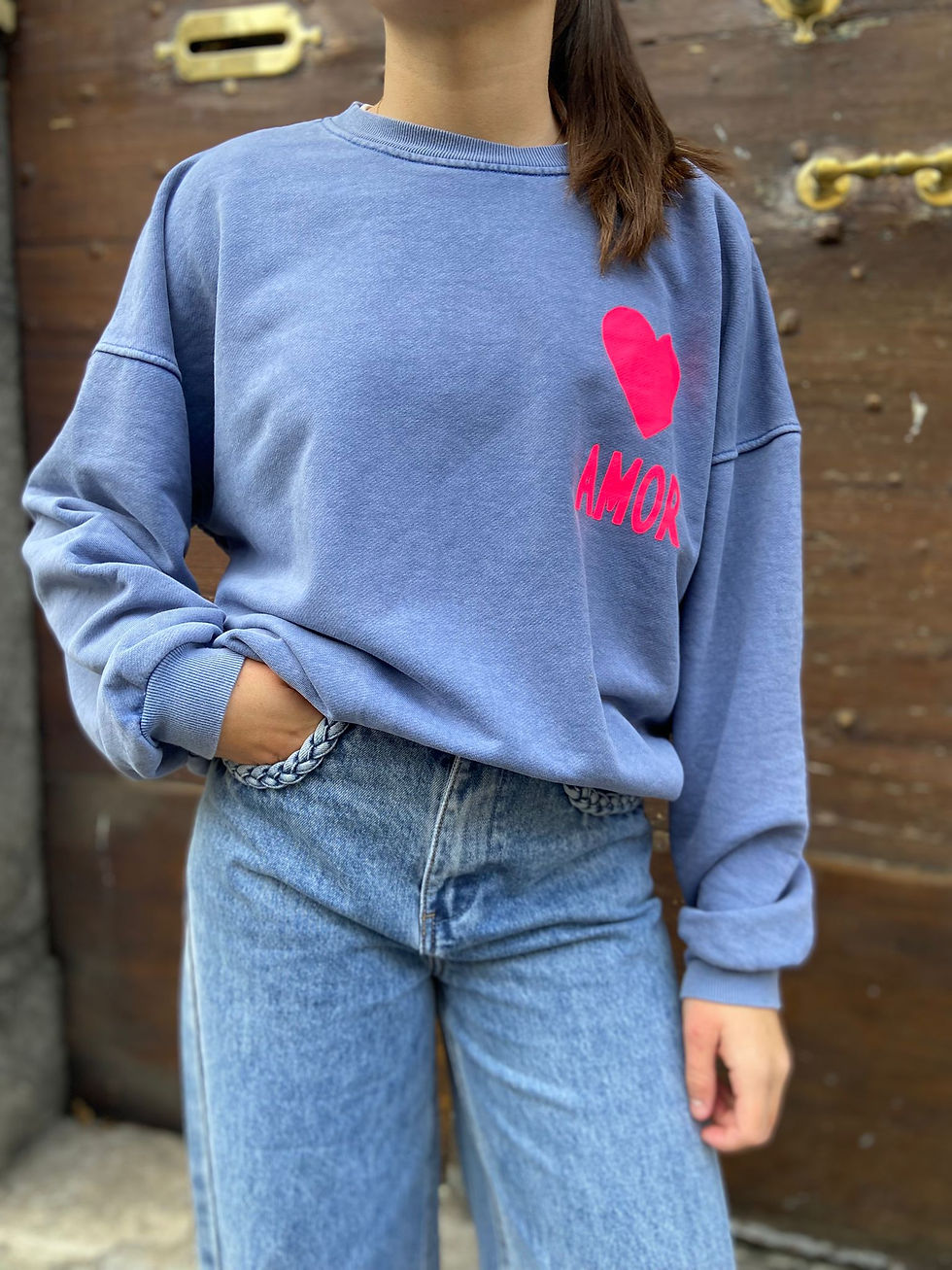 Pull original femme bleu jean amor cœur arty blush