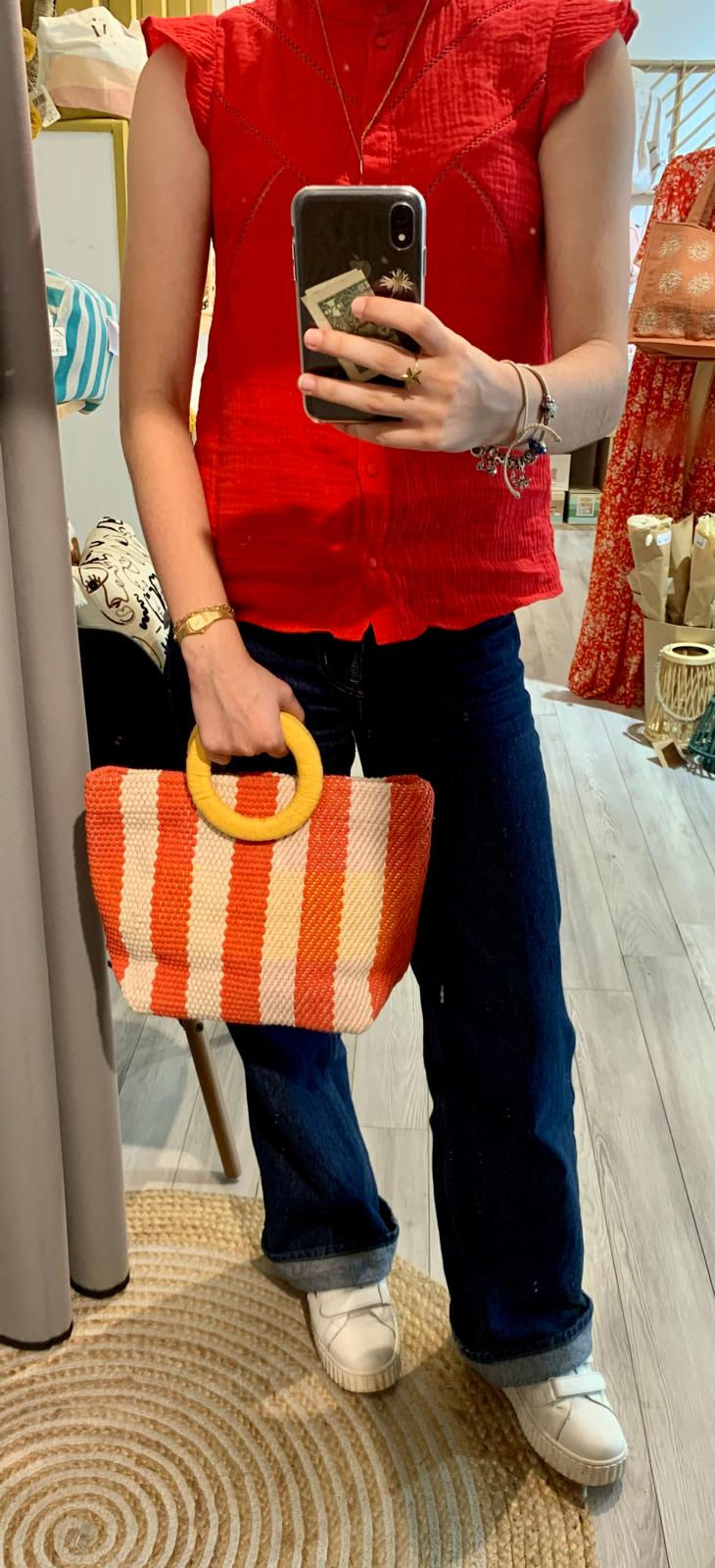 Sac à main cabas original femme coton macramé rayé rouge, Procida le petit souk