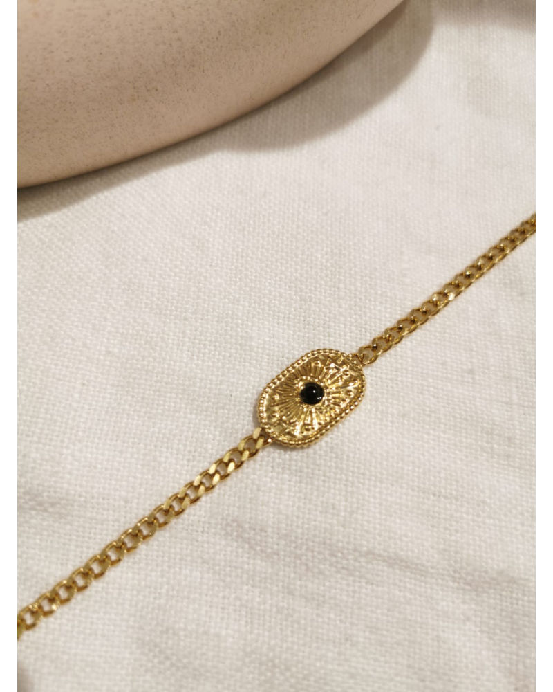 Bracelet original femme en acier inoxydable doré, Onyx noir satine