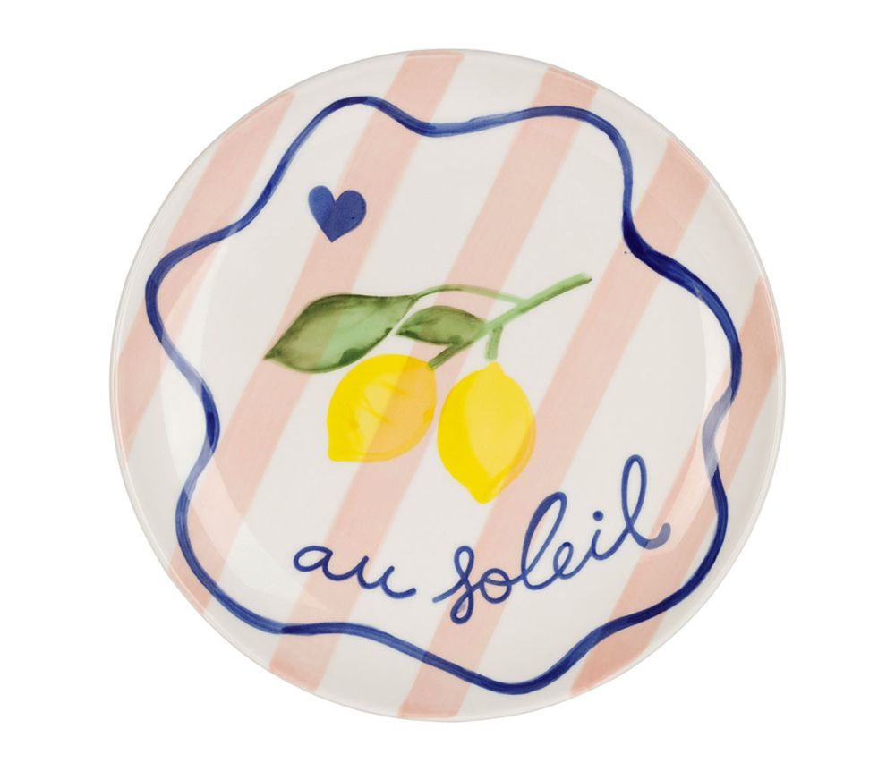 Assiette colorée originale rayée rose citron jaune au soleil, Solencia