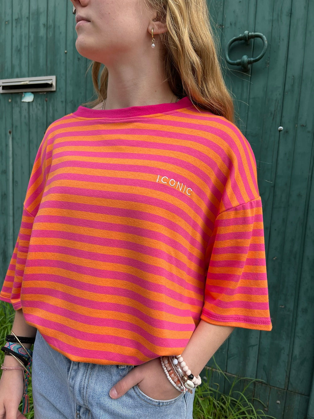 T-shirt original femme Iconique rayé orange et rose fushia, Nino