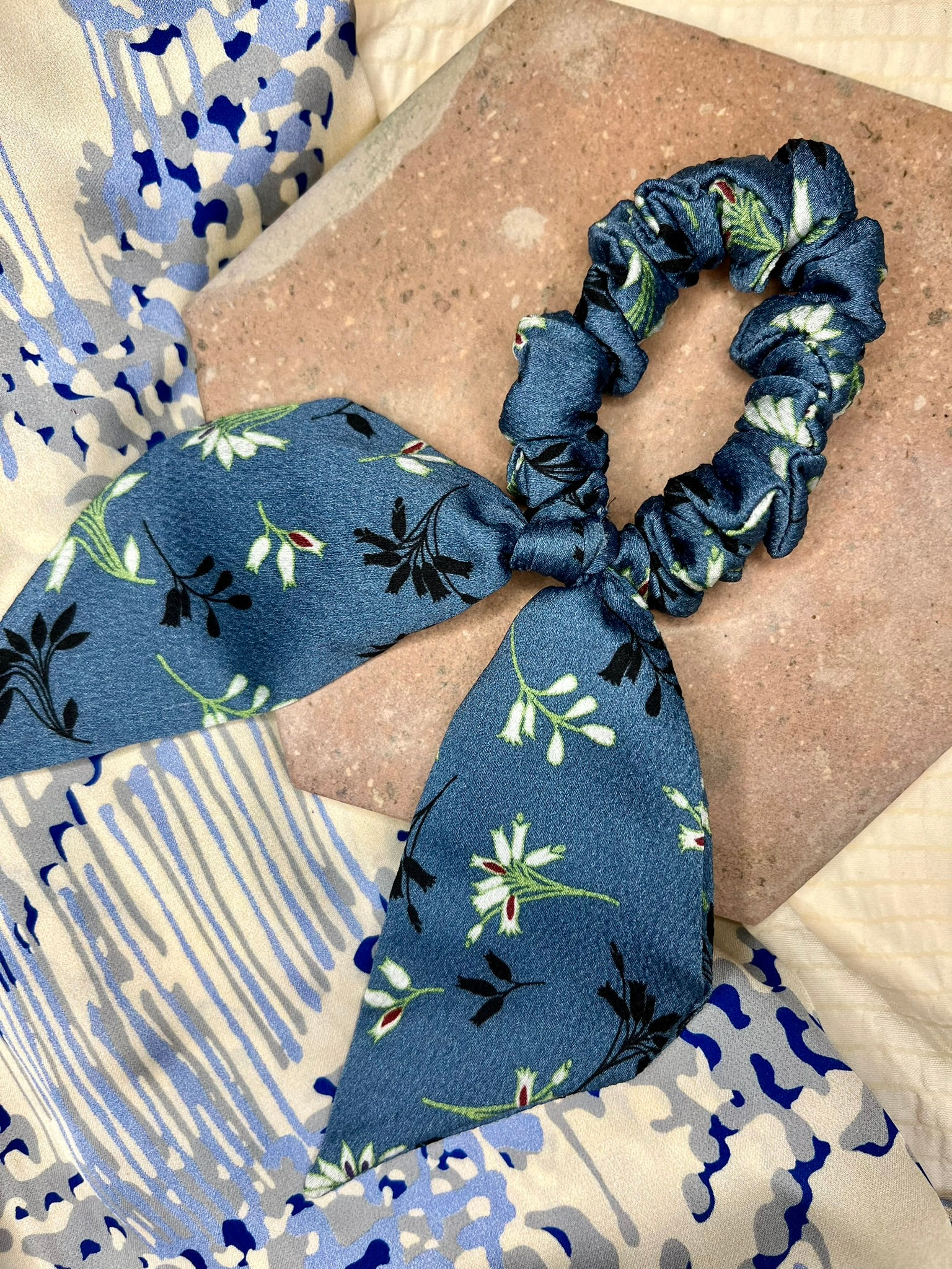 Snowdrop print bunny ear scrunchie