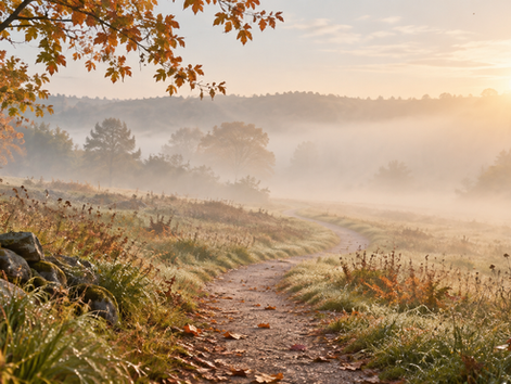 A quiet path leading through a misty autumn landscape in soft morning light