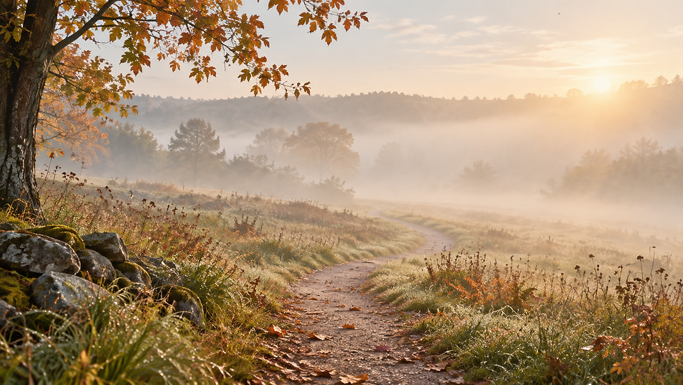 A quiet path leading through a misty autumn landscape in soft morning light