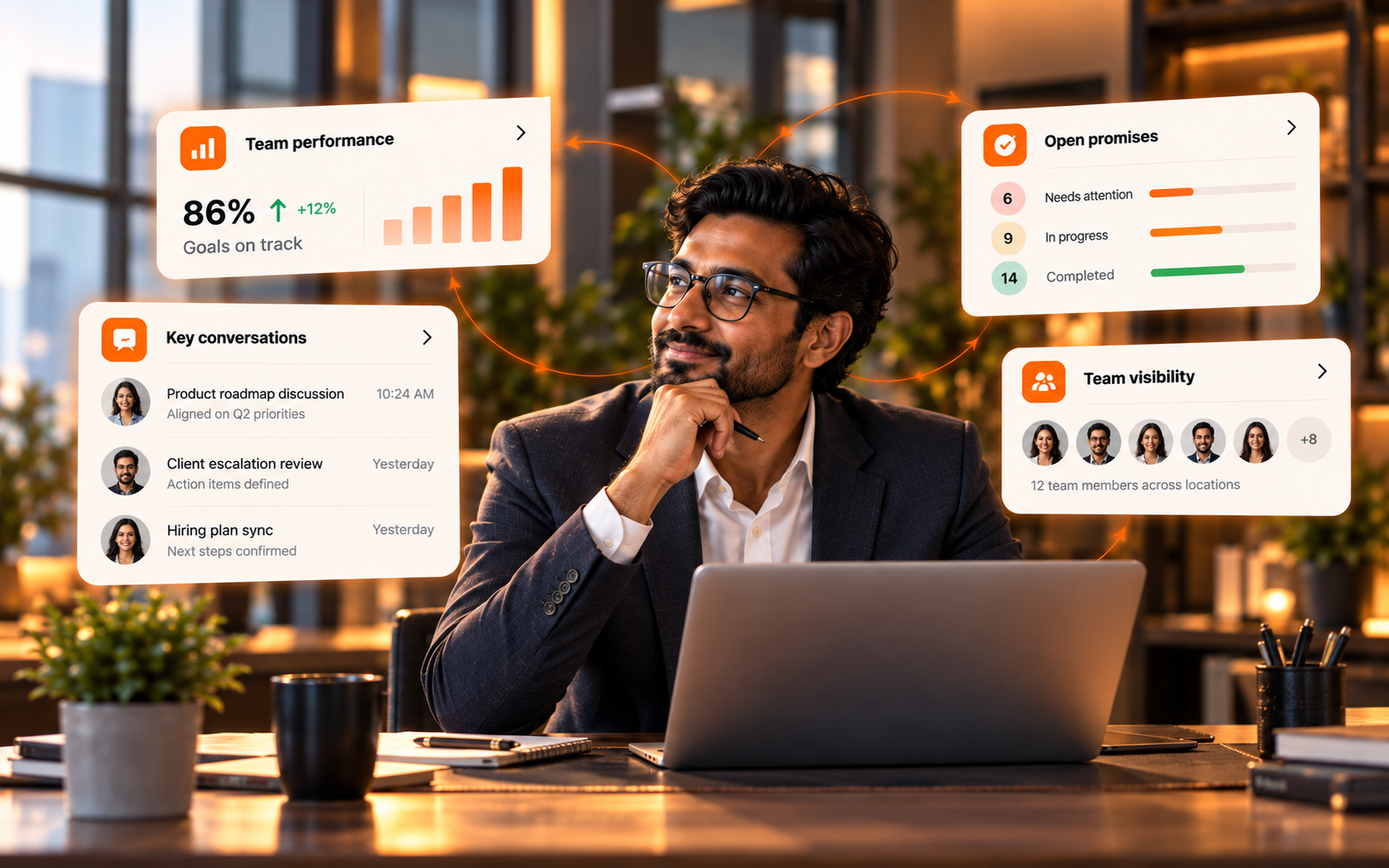 Leadership scene showing a manager reviewing team progress