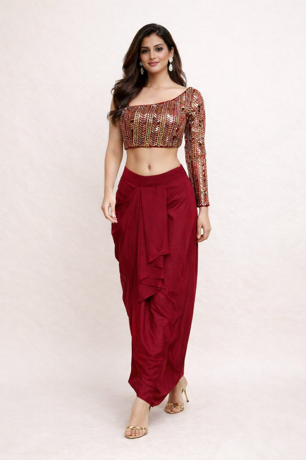 Deep Maroon One-Shoulder Dhoti Set