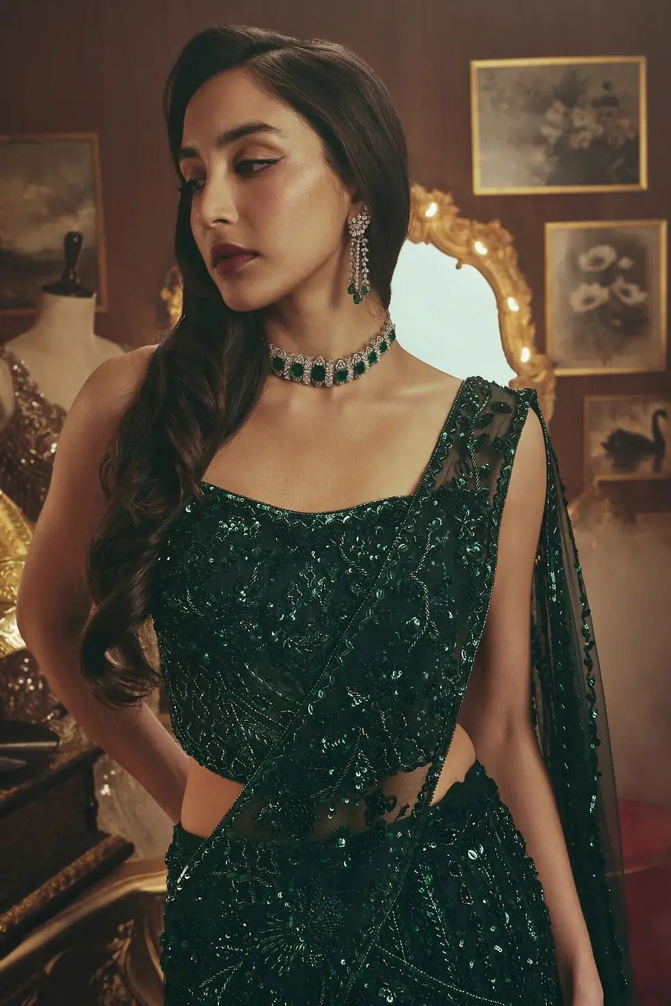 Thumbnail: Emerald Dazzle Pre-Draped Saree Set