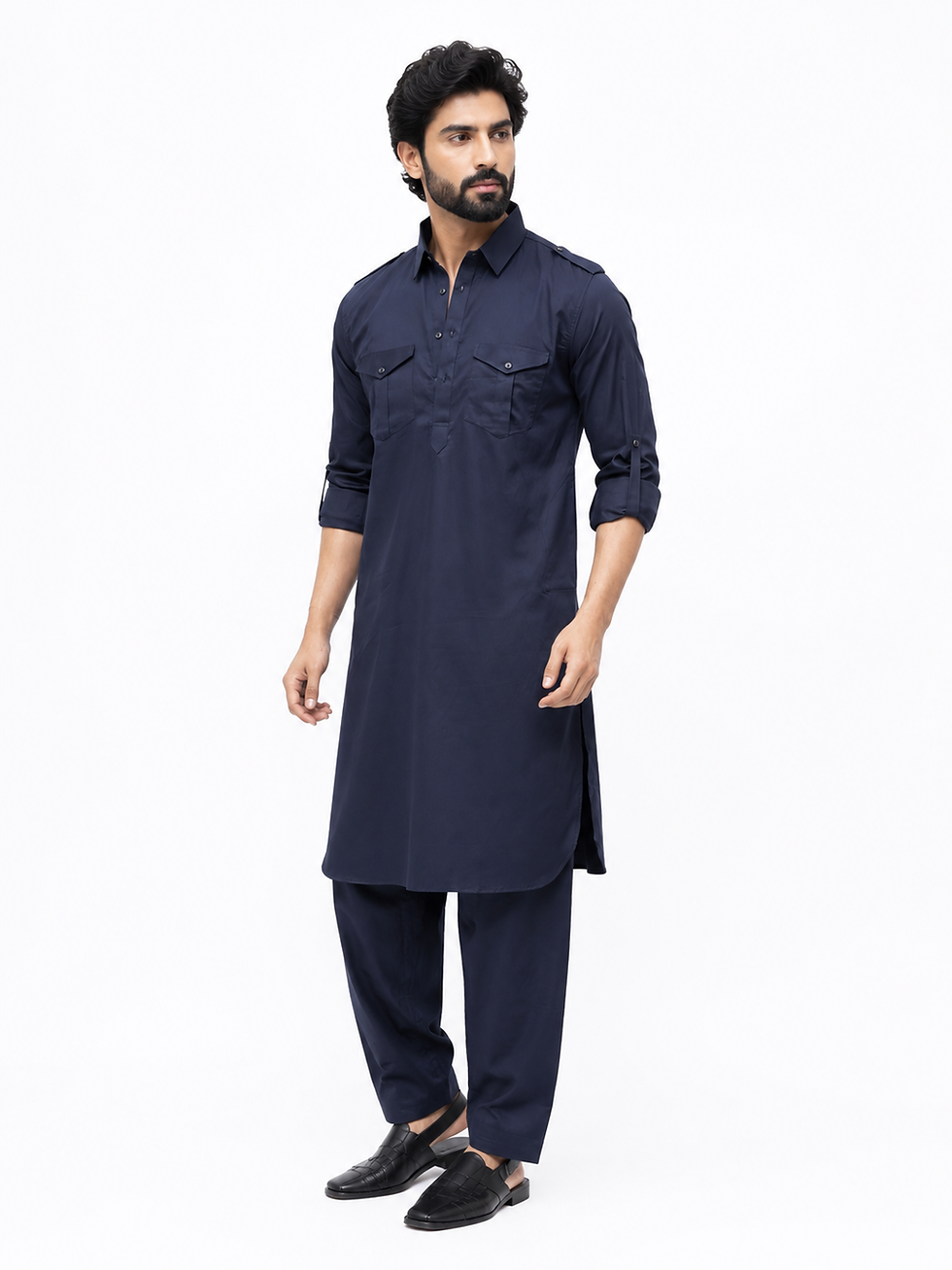 navy blue Pathani outfit for men with salwaar