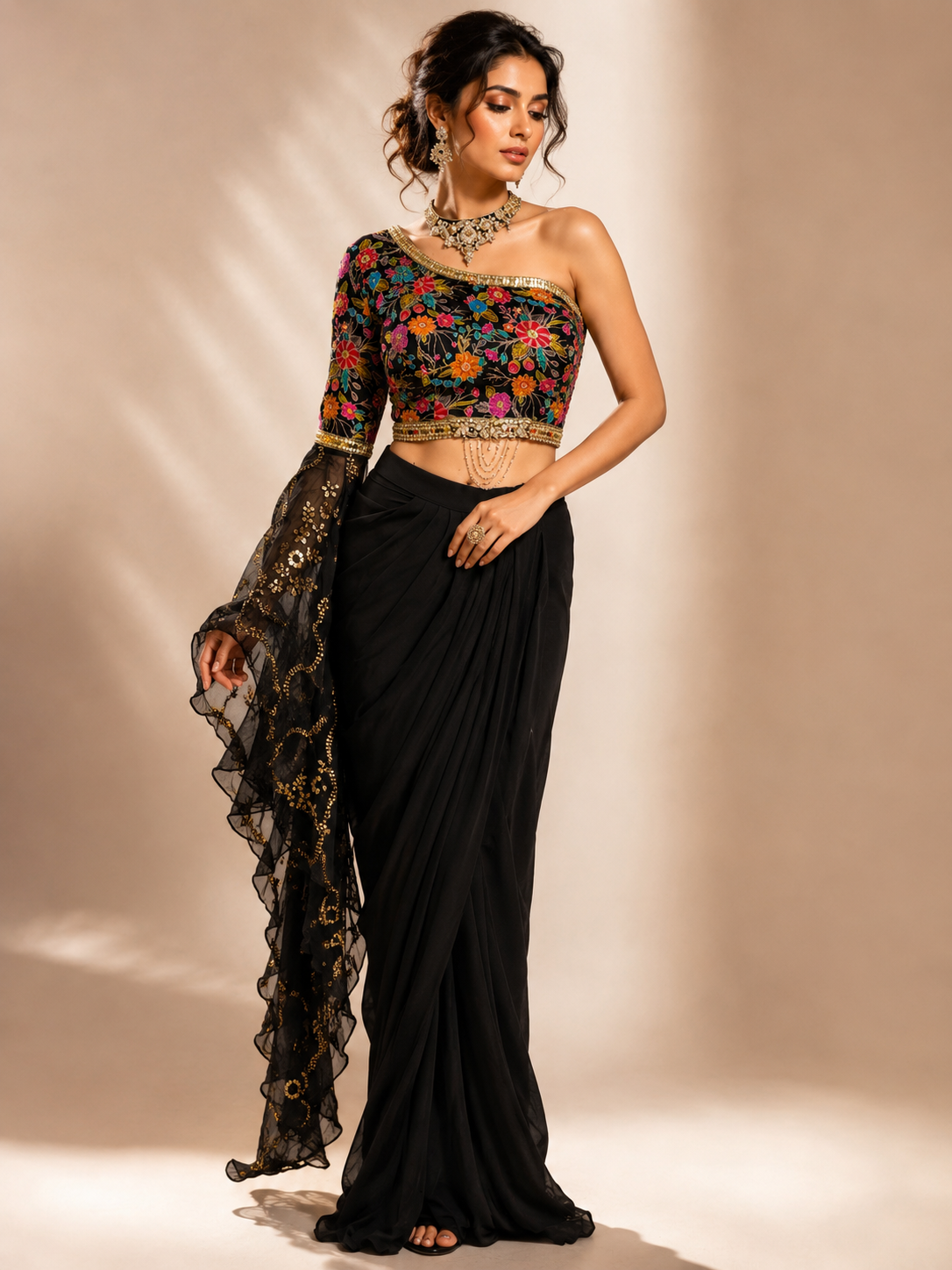 Floral Embroidered One-Shoulder Blouse with Black Pleated Skirt & Necklace Dupat