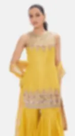 Yellow mirror work tissue sharara set with sleeveless kurti, flared sharara pants, and matching dupatta by Ladlee Atlanta