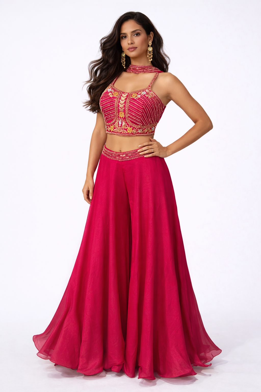 Make an unforgettable entrance with our Radiant Magenta Corset & Flared Pant Set