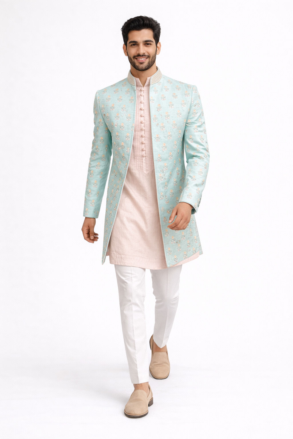 Pastel Sky & Blush Layered Sherwani