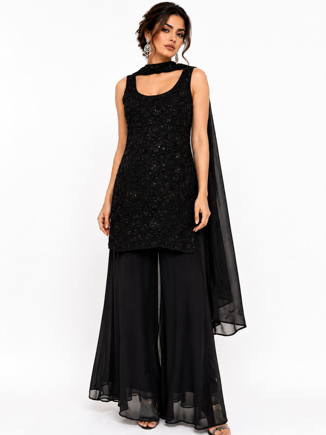 Noir Blossom Textured Sequinned Sharara Set