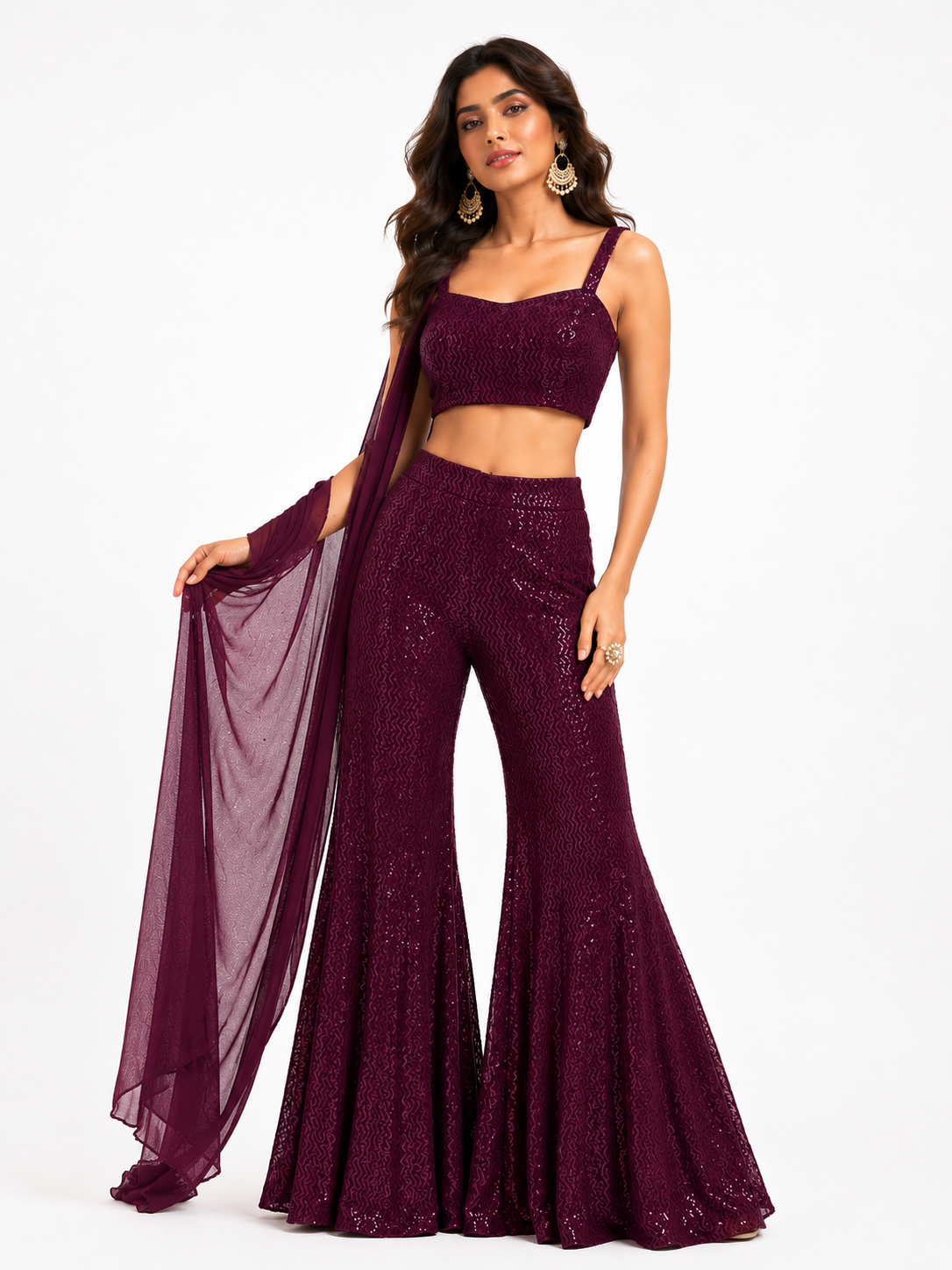 Plum Shimmer Indo-Western Textured Sequin Set