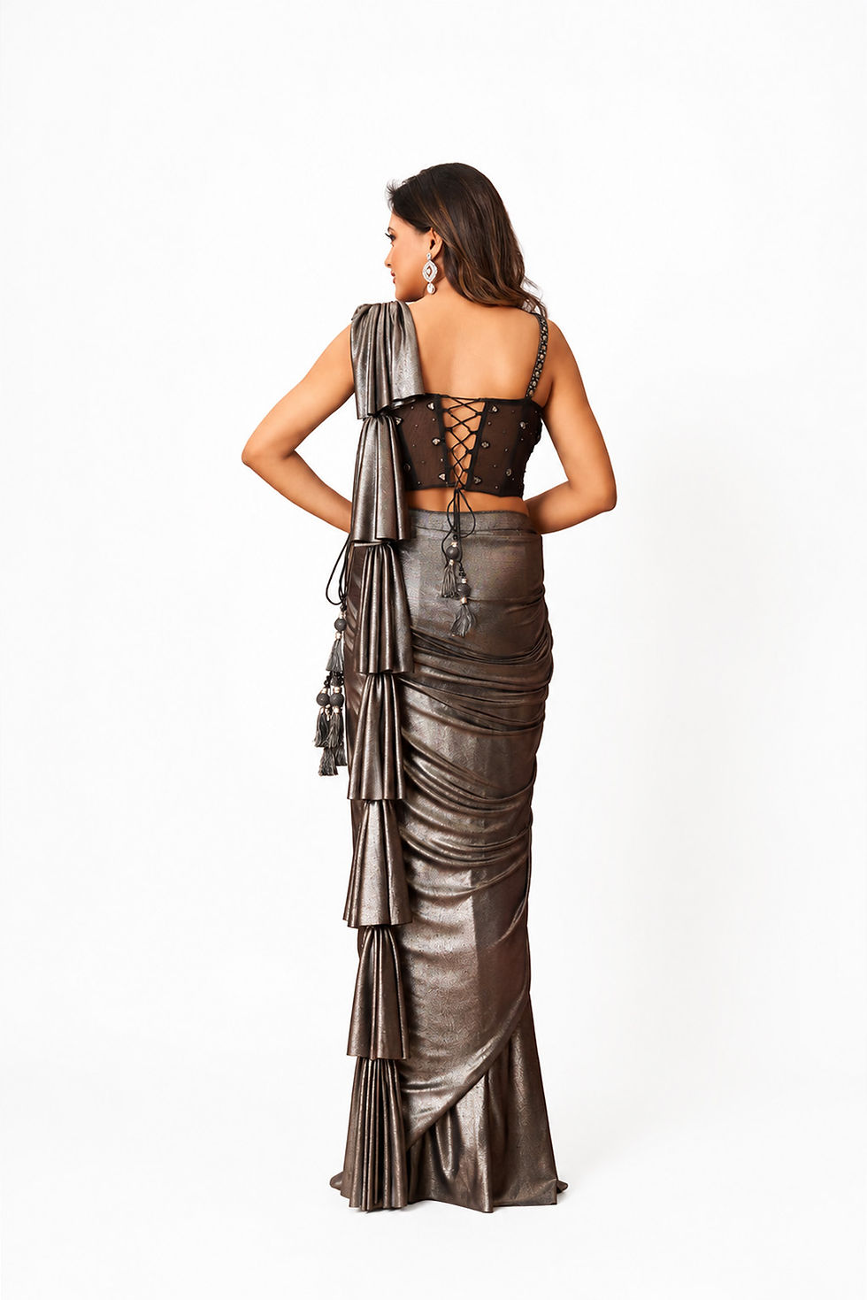 Thumbnail: Black Metallic  Pre-draped Saree