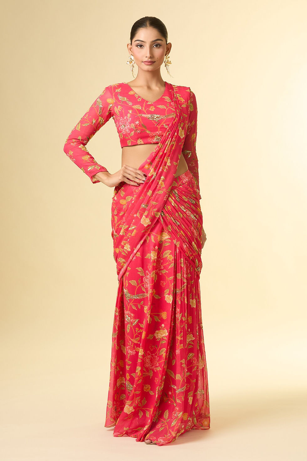 Orange floral pre-stitched saree with matching blouse – ready-to-wear Indian outfit for weddings and parties