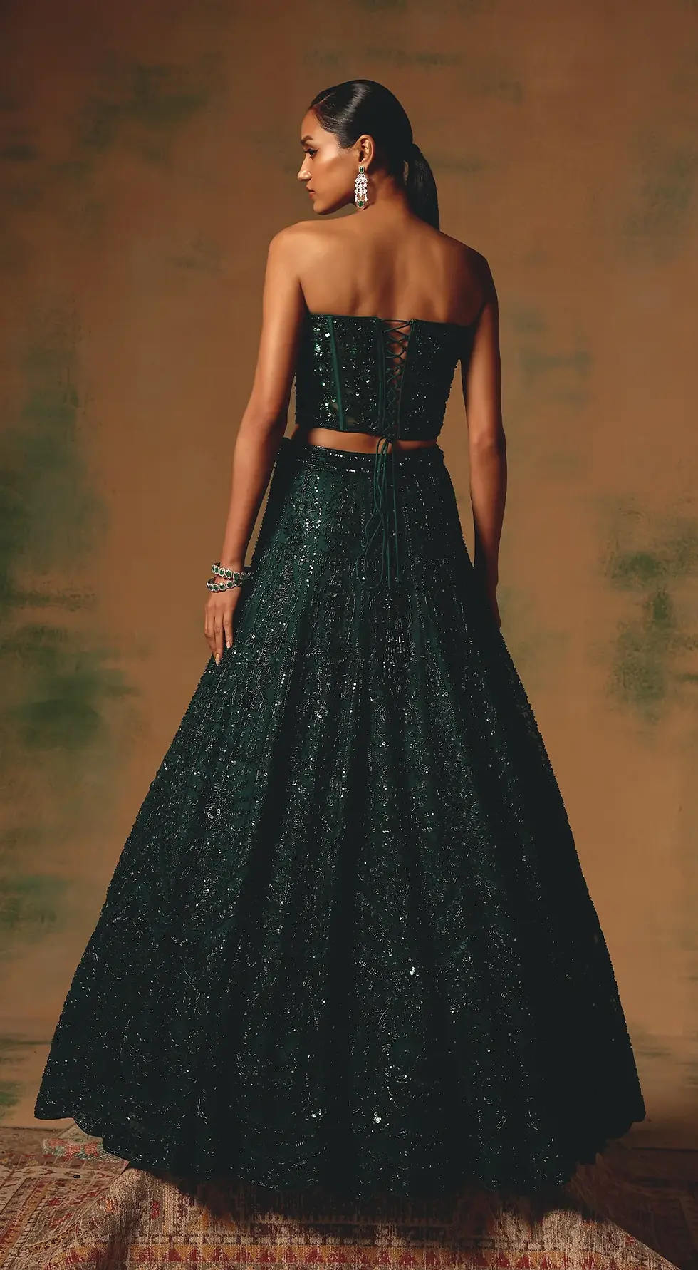 Thumbnail: Bottle Green Sequin Embellished Lehenga Set