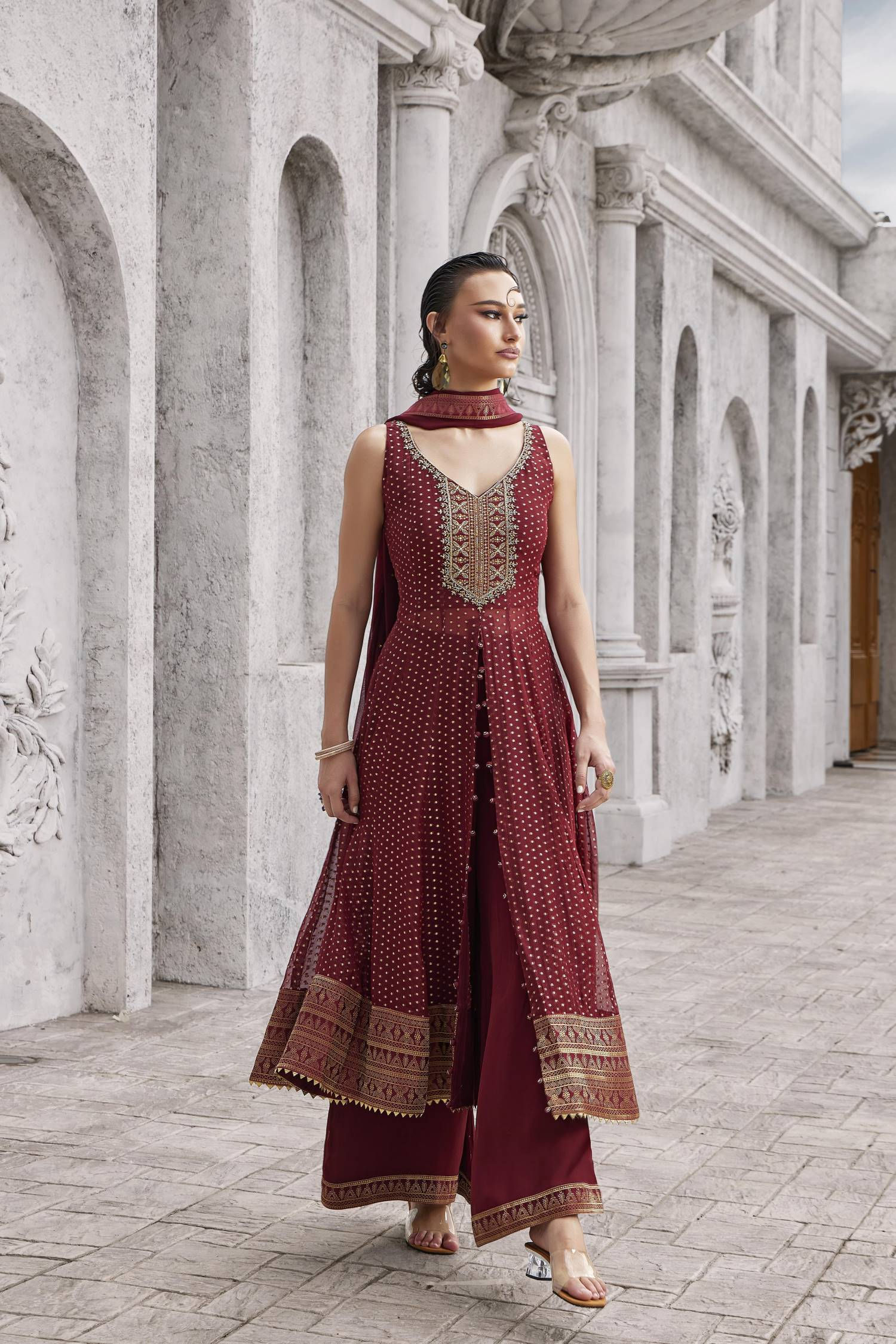 Maroon Georgette Front-Slit Palazzo Suit