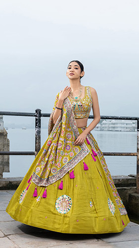 Saffron Sun Mirror-Work Lehenga Set | ladlee.com