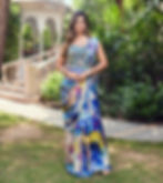 Pre-draped silk saree with multi-color print and embroidered blouse