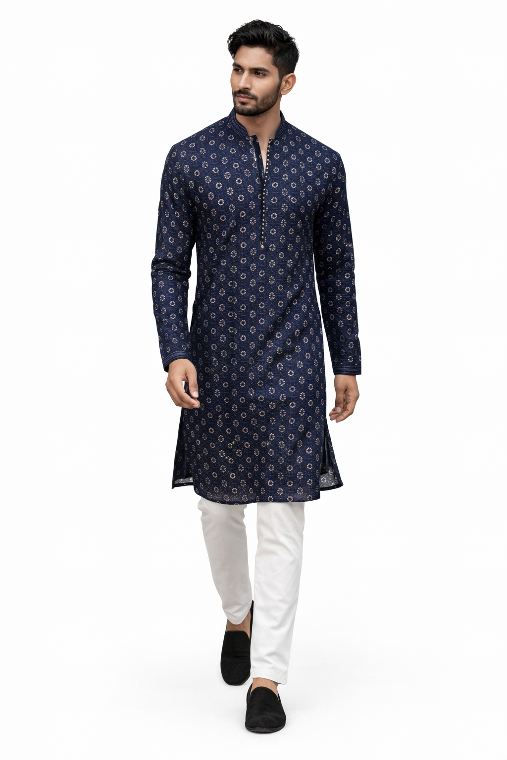 Navy Nightfall: The Geometric Patterned Kurta Set