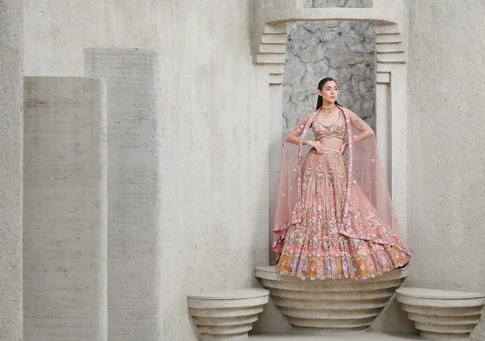 Thumbnail: PEACH AND GOLD SHAHNAZ BRIDAL LEHENGA SET