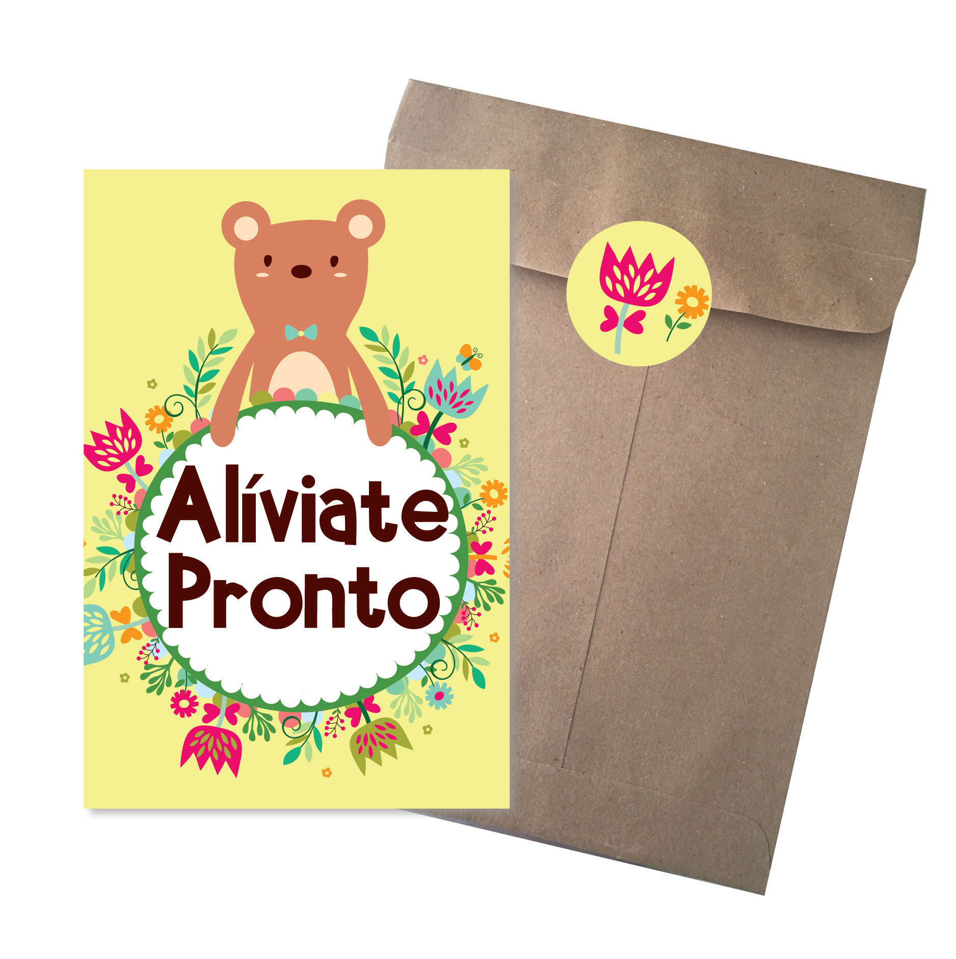 TARJETA GRANDE  ALIVIATE CON SOBRE KRAFT Y STICKER 22cm x16cm 1PZ
