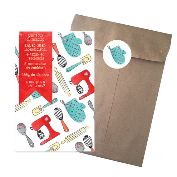 TARJETA GRANDE Receta Mamá CON SOBRE KRAFT Y STICKER 22cm x16cm 1PZ