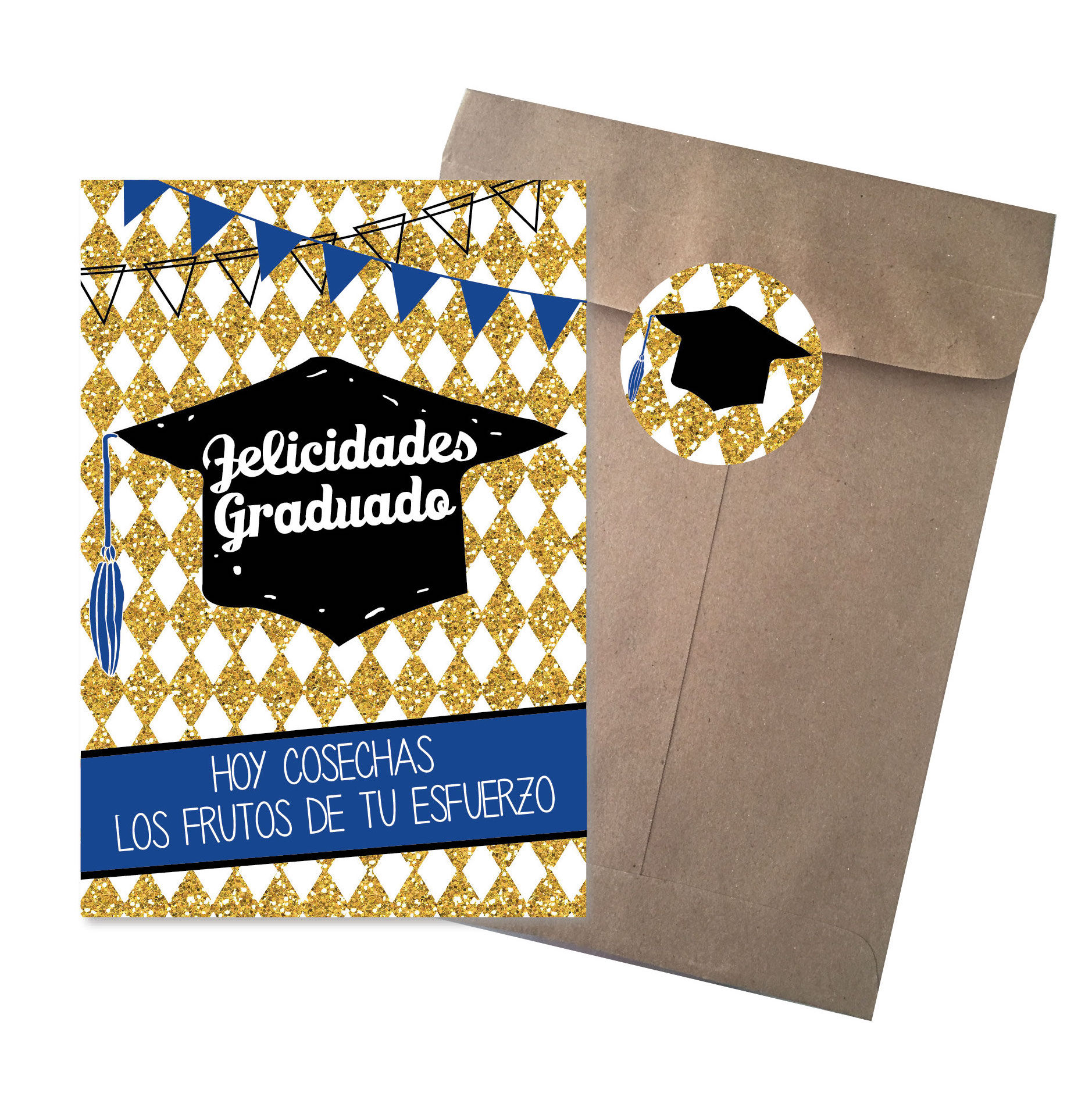 TARJETA GRANDE  GRADUADO CON SOBRE KRAFT Y STICKER 22cm x16cm 1PZ