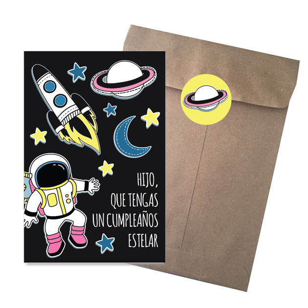 TARJETA GRANDE Astronauta CON SOBRE KRAFT Y STICKER 22cm x16cm 1PZ