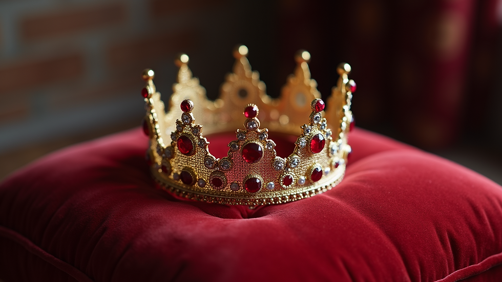 Close-up view of a crown resting on a velvet cushion