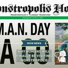 Monstropolis at Hollywood Studios concept artwork showing the Monstropolis Horn newspaper announcing H.U.M.A.N Day and guests visiting Disney's new Monsters Inc themed land.