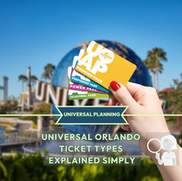 A ladies hand holding Universal Studios Orlando Park Tickets in the air in front of the Universal globe at the park entrance in City Walks to show and explain the ticket differences.