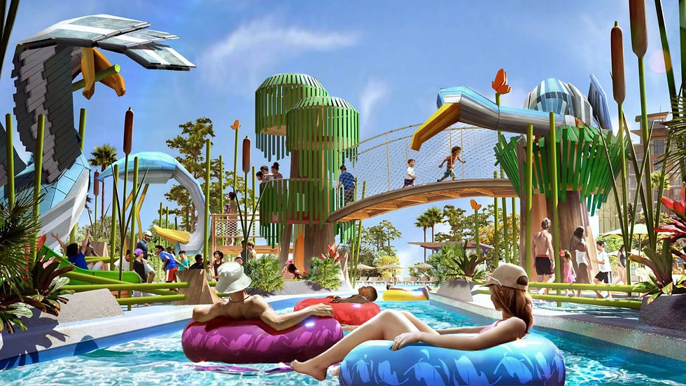 Artist's impression of Daydream River at Disney Lakeshore Lodge, featuring the new lazy river surrounded by natural scenery and family recreation spaces.