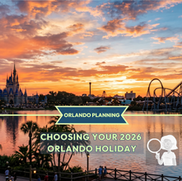 Orlando theme park skyline at sunset featuring a castle silhouette and roller coaster skyline, representing the choice between Disney and Universal for UK travellers planning a Florida holiday.