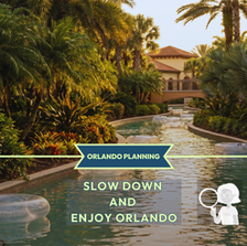 Peaceful lazy river at an Orlando resort surrounded by palm trees and tropical plants during golden hour, showing how relaxing days can be an important part of a Florida holiday.