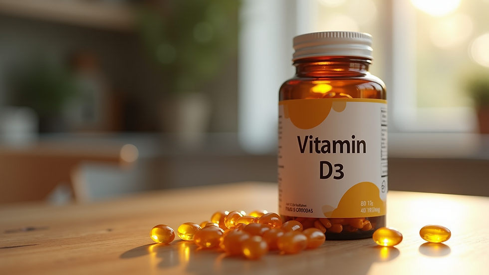 Close-up view of a bottle of vitamin D3 supplements on a wooden table