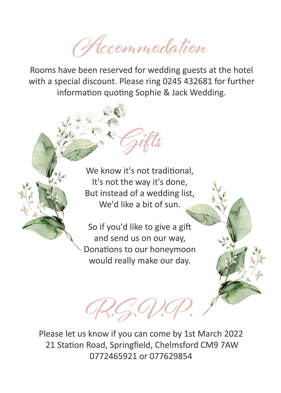 Thumbnail: Beautiful Personalised Wedding Information Card,  blush &amp; pink roses, dahl