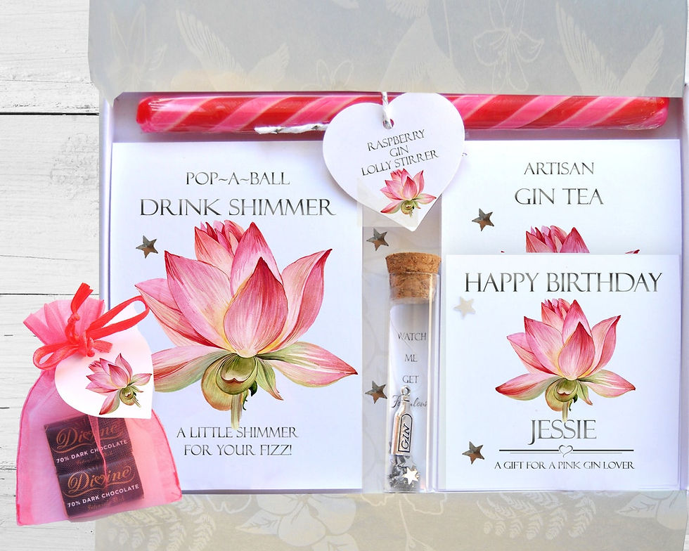 Thumbnail: Vegan Birthday Pink Gin gift box, personalised filled gift box