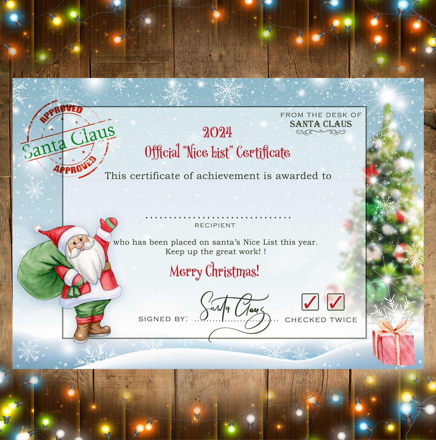 2024 Nice List Certificate from Santa with space to write name (UK size)