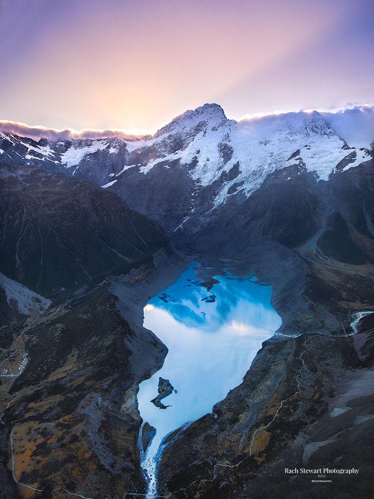 Mueller Lake aerial Mount Cook New Zealand