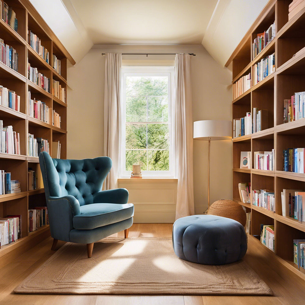 High angle view of a cozy reading nook with a comfortable armchair